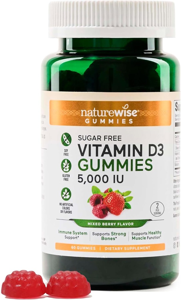NatureWise Vitamin D3 5000 IU Gummies - Sugar-Free Karma Berry Flavor - Yetişkinler için D Gummies, Supports Immunity, Muscle & Bone Strength - Gelatin-Free, Non-GMO- 60 Gummies[1-Month Supply]