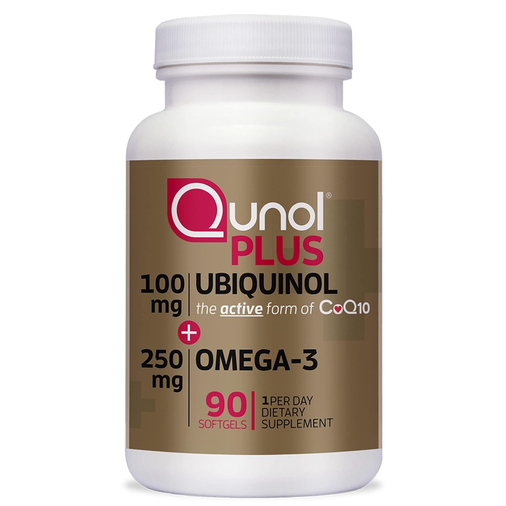Qunol Plus Ubiquinol CoQ10 100 mg with Omega 3 Fish Oil 250mg, Ekstra Güçlü Antioksi Supplement, 90 Count