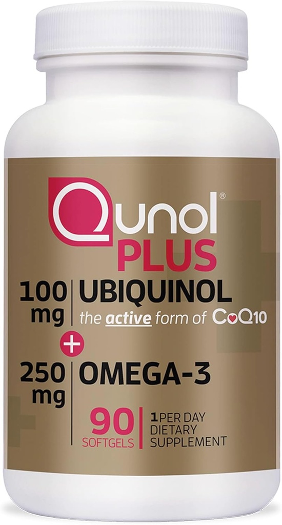 Qunol Plus Ubiquinol CoQ10 100mg with Omega 3 Fish Oil 250mg, Ekstra Güçlü Antioksi Supplement, 90 Count
