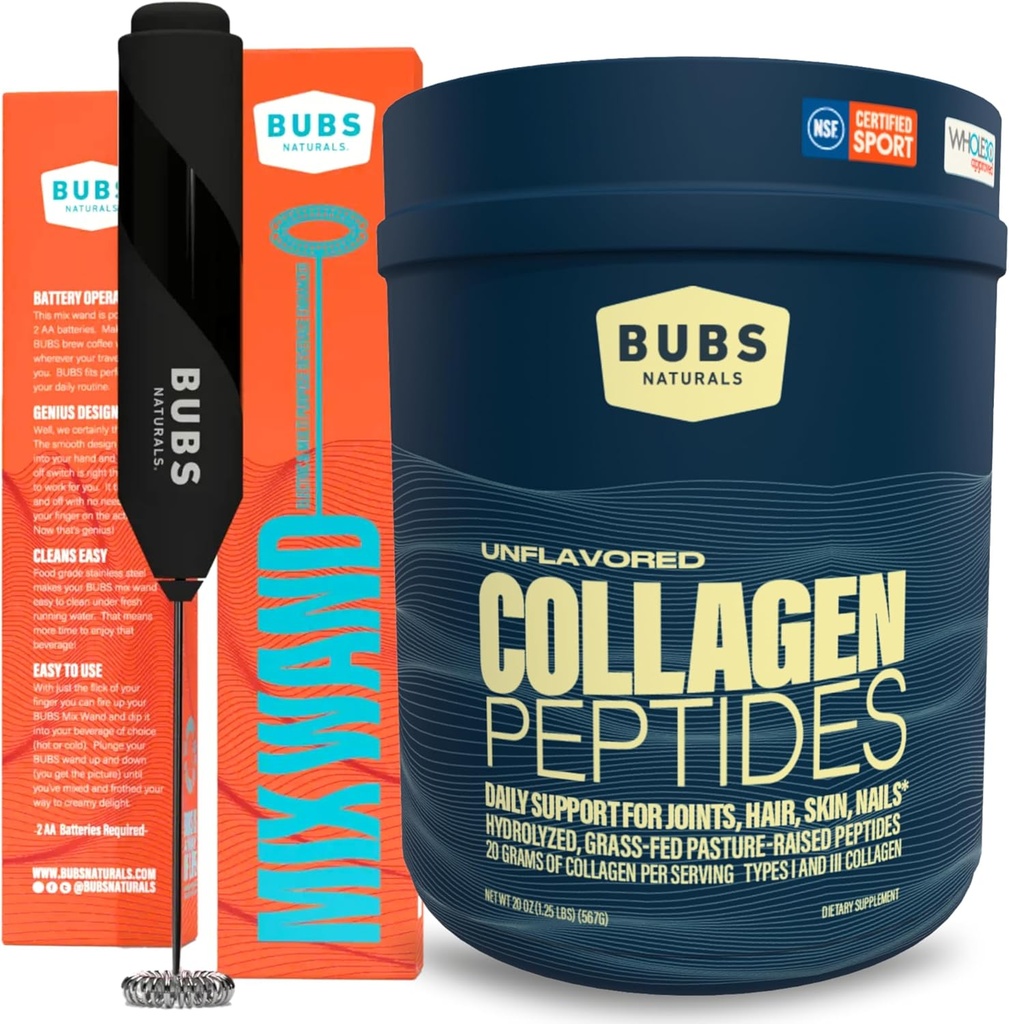 BUBS Naturals Collagen BU Toz & Mix Wand Sche, Collagen for Women & Men, Hydrolyzed,, Unflavored Pasture Yükseltd Grass Fed, Keto Friendly, 20 oz Collagen Tub (28 hizmet) +1 Wand
