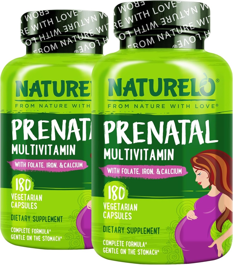NATLO Prenatal Multivitamin, Cent Chelated Iron, Metil Folate, Plantuba & Choline - Vegan, Vegetarian - Non-GMO - Gluten Free - 180 Capsules - 4 Ay Supply (Pack of 2)
