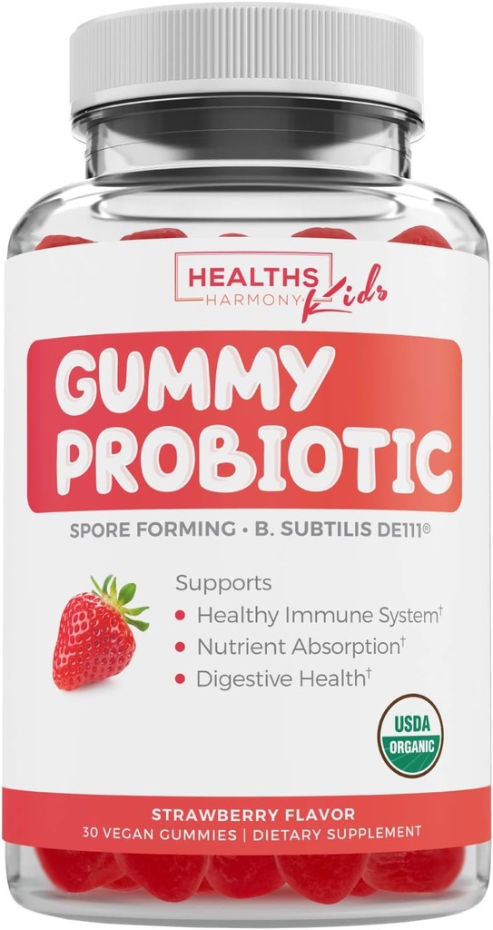 USDA Organic Probiyotiks for Kids (Non-GMO) Strawberry Flavor Kids Probiyotik Gummies for Digestion & Immune Support - 2.5 Milyar CFU of DE111 SporePlastik Strain for maximum Survivability - 30 Gummys