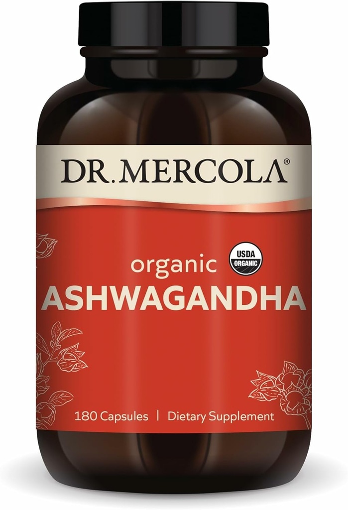 Dr. Mercola Organic Ashwagandha - Supports Energy Production & Adrenal Health - 800 mg Per Serving - Non-GMO, Gluten-Free & Soy-Free - Certified USDA Organic - 180 Capsules (90 Servings)