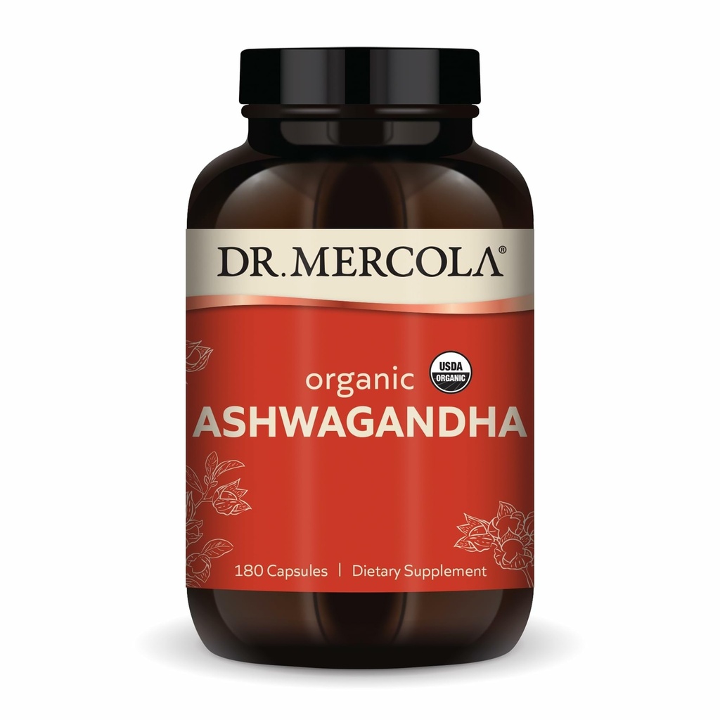 Dr. Mercola Organik Ashwagandha - Enerji Üretimi ve Adrenal Sağlık Destek - 800 mg Per Servis - Non-GMO, Gluten-Free & Soy-Free - Sertifikalı USDA Organik - 180 Capsules (90 Hizmet)