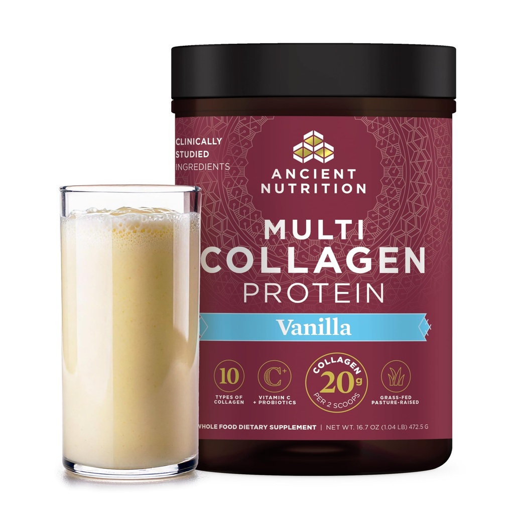Eski Beslenme Kolajn, Toz, Multi Collagen protein, Kadınlar ve Erkekler, C vitamini, Probiyotikler, Hydrolyzed Collagen, Supports Skin, Ortaklar, Gut Health, Vanilla, 45 Hizmetler