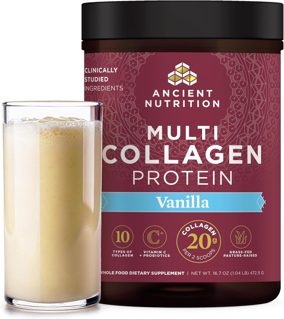 Eski Beslenme Kolajn, Toz, Multi Collagen protein, Kadınlar ve Erkekler, C vitamini, Probiyotikler, Hydrolyzed Collagen, Supports Skin, Ortaklar, Gut Health, Vanilla, 45 Hizmetler