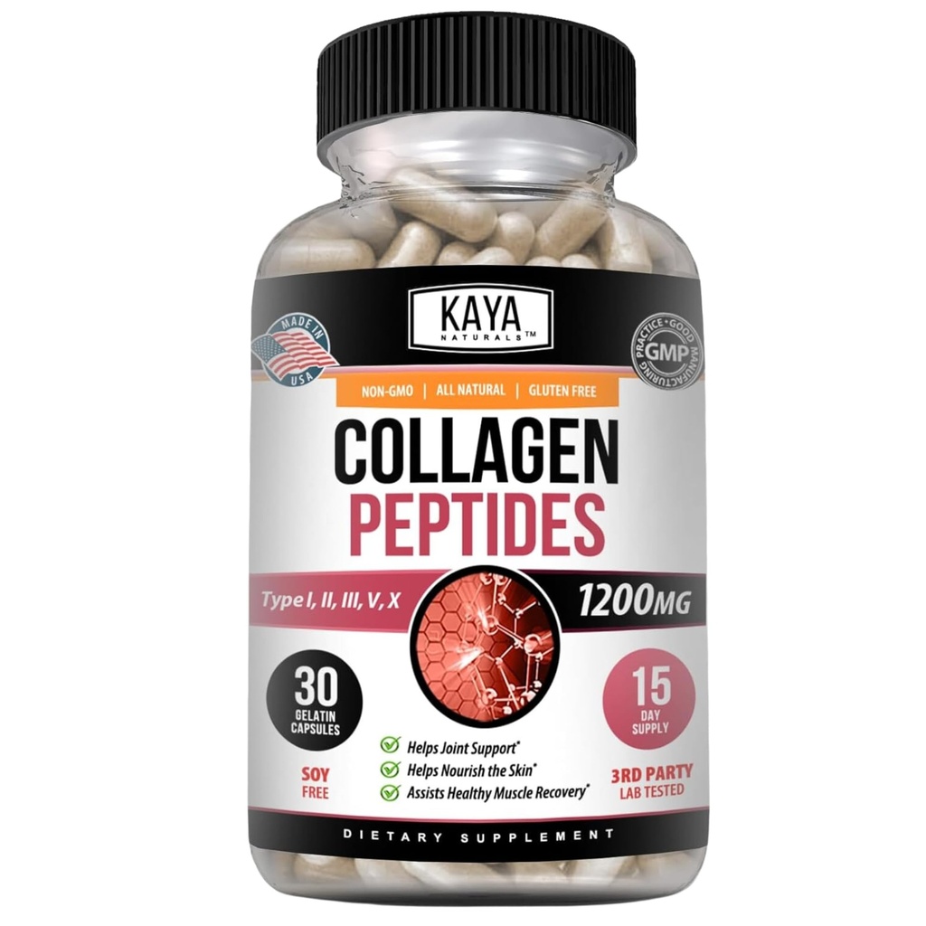 Kaya Naturals Multi Collagen Complex Kompleks Toz for Women and Man, Vital for Hair, Skin, Nails ve Anti-Aging, Tip I, II, III, V & X Collagen Protein | Capsules - 30 Count Supplement