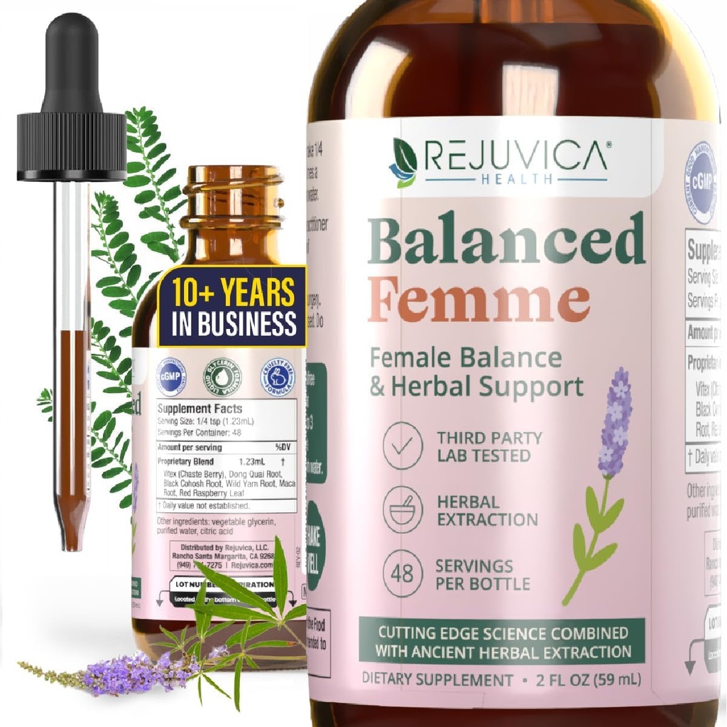 Rejuvica Health Balanced Femme - Gelişmiş Kadın Denge Desteği Tamamlandı - Daha İyi Abpsiyon için Sıvı Teslimat - Vitex, Dong Quai, Black Cohosh, Maca Wild Yam & More!