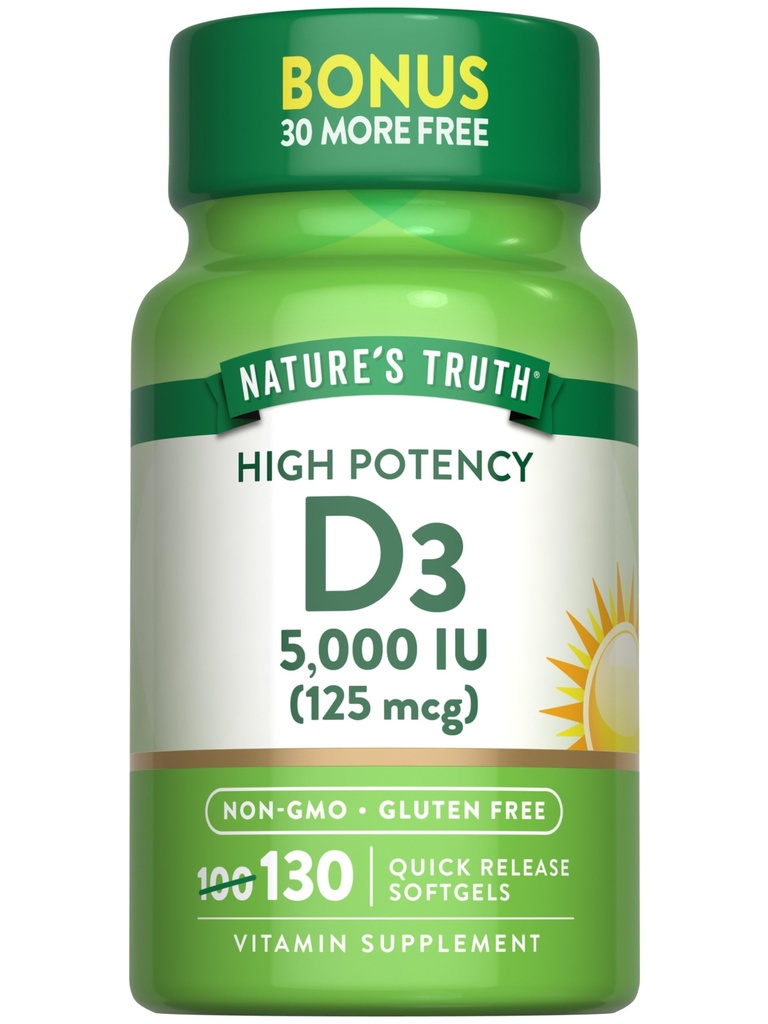 Doğanın Gerçek Vitamin D3 5000 İ Softgels | 130 Kont | Yüksek Potency | Non-GMO & Gluten Free Supplement