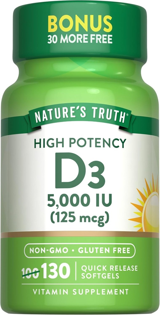 Doğanın Gerçek Vitamin D3 5000 İ Softgels | 130 Kont | Yüksek Potency | Non-GMO & Gluten Free Supplement