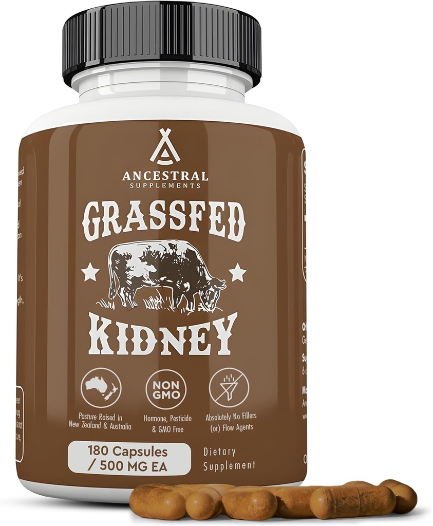 Ancestral Supplements Grass Fed Beef Kidney Supplement, 3000 mg, DAO Enzyme Supplement, Kidney Urinary ve Histamine Health, Selenium, B12, Non GMO, 180 Capsules