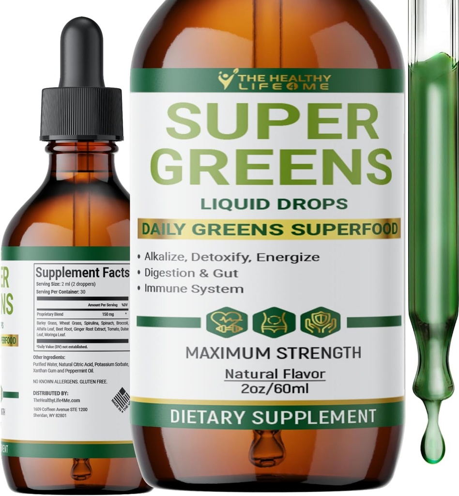 Liquid Super Greens Drops | Powerful Antioxidants | Immune Support | Digestive Health | Peppermint Flavor | by The Healthy Life for Me | 2oz - 30 Day Supply