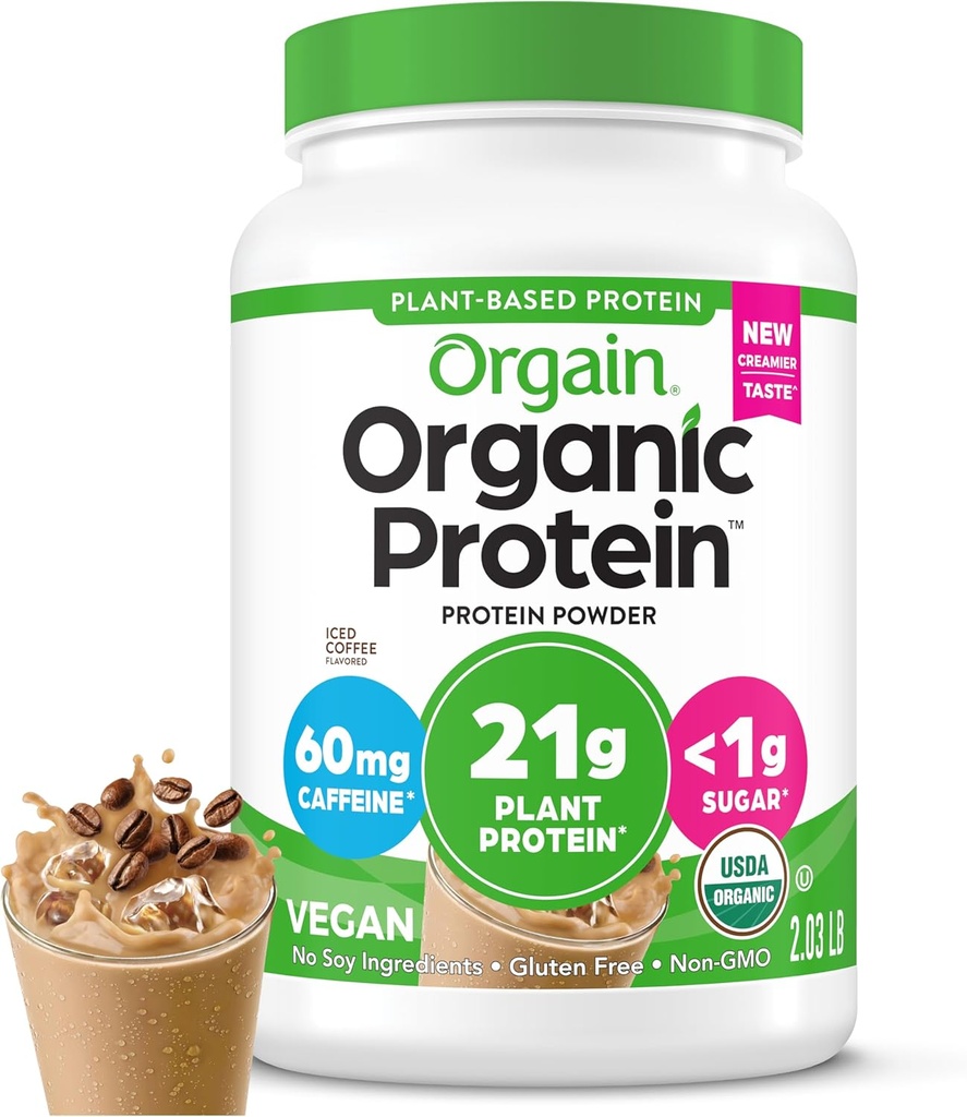 Orgain Organic Vegan Protein Powder, Iced Coffee - 21g Πρωτεΐνες φυτών, 60mg καφεΐνης, Low Net Carb, Όχι Συστατικά λακτόζης, Όχι Προστιθέμενη Ζάχαρη, Μη ΓΤΟ, Για Ανακινήσεις & Smoothies, 2,03 lb