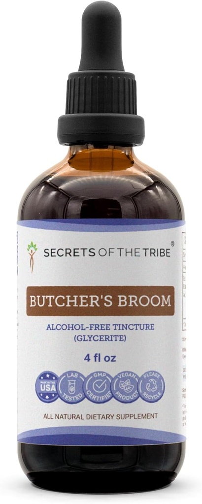 Tribe Butcher'in Broom Tincture Alkol Özgür Sıvı Ekstraksiyonunun Sırları, Butcher'in Broom (Ruscus aculeatus) kuru Kök (4 FL OZ)