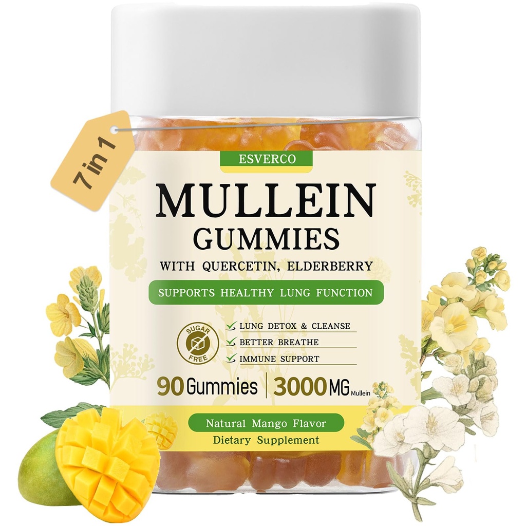 3600 mg Mullein Leaf Extract, 7 in 1 for Lung Cleanse,Respiratory Lung Health, Immune ATM, Elderberry, Quercetin, Bromelain, C&D3, No Sugar, for Yetişkinler, Vegan, 90 Count
