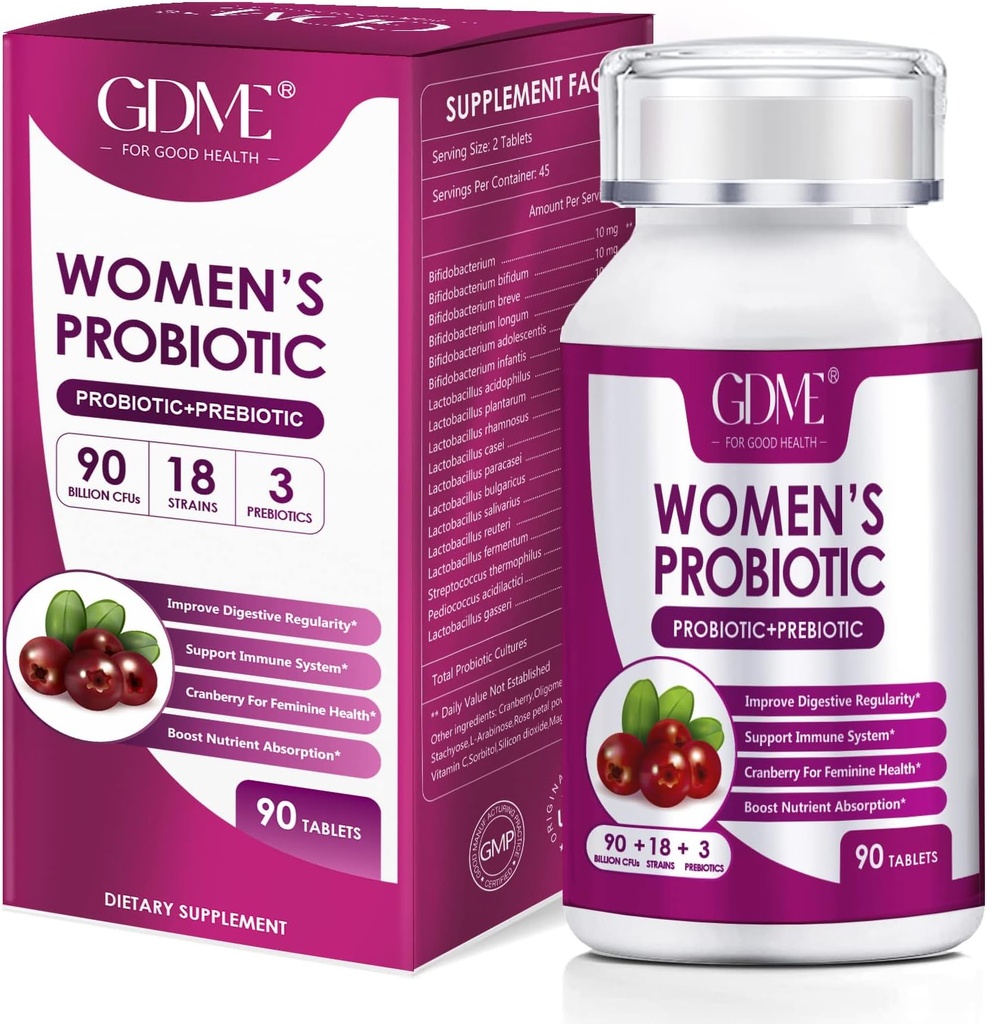 GDME Kadın Probiyotikleri, 90 Tablet 90 Milyar CFU 18 Strains, Contains Organic Prebiyotik Cranberry,Probiyotik Tamam for Digestion, Immunity, Women's Health, Soy Gluten Dairy Free