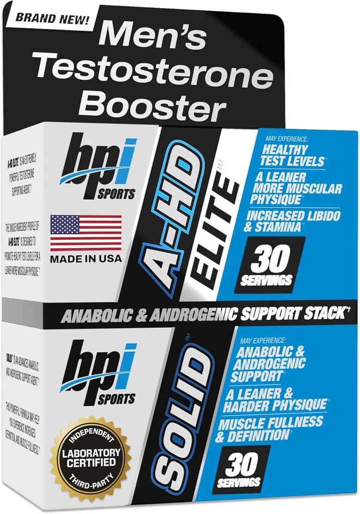 BPI Sports A-HD Elite/Solid Testosterone Booster για τους άνδρες - συμπλήρωμα τεστοστερόνης για τους μυς, τη δύναμη, Libido & την υποστήριξη απόδοσης - Προάγει τη φυσική απώλεια λίπους – 30 εξυπηρετήσεις – 550mg