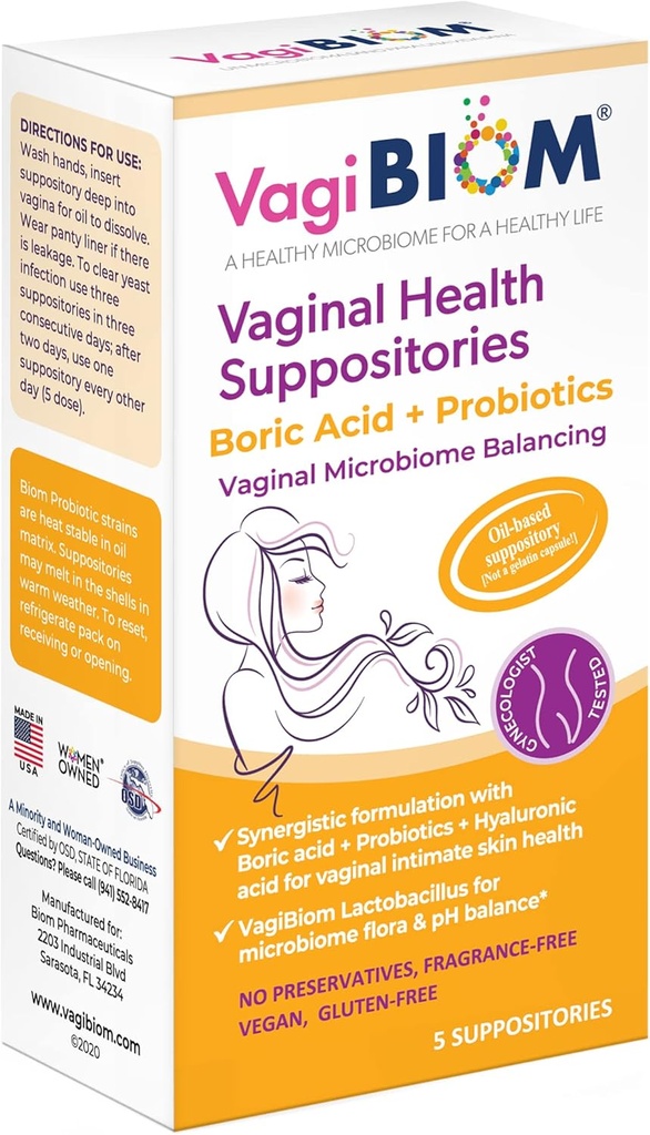 VagiBiom Boric Acid Suppositories with Lactobacillus: Microbiome Flora Balance; Denge ve Nourishes Sağlıklı Flora; Paraben-Free Preservative-Free (5count)