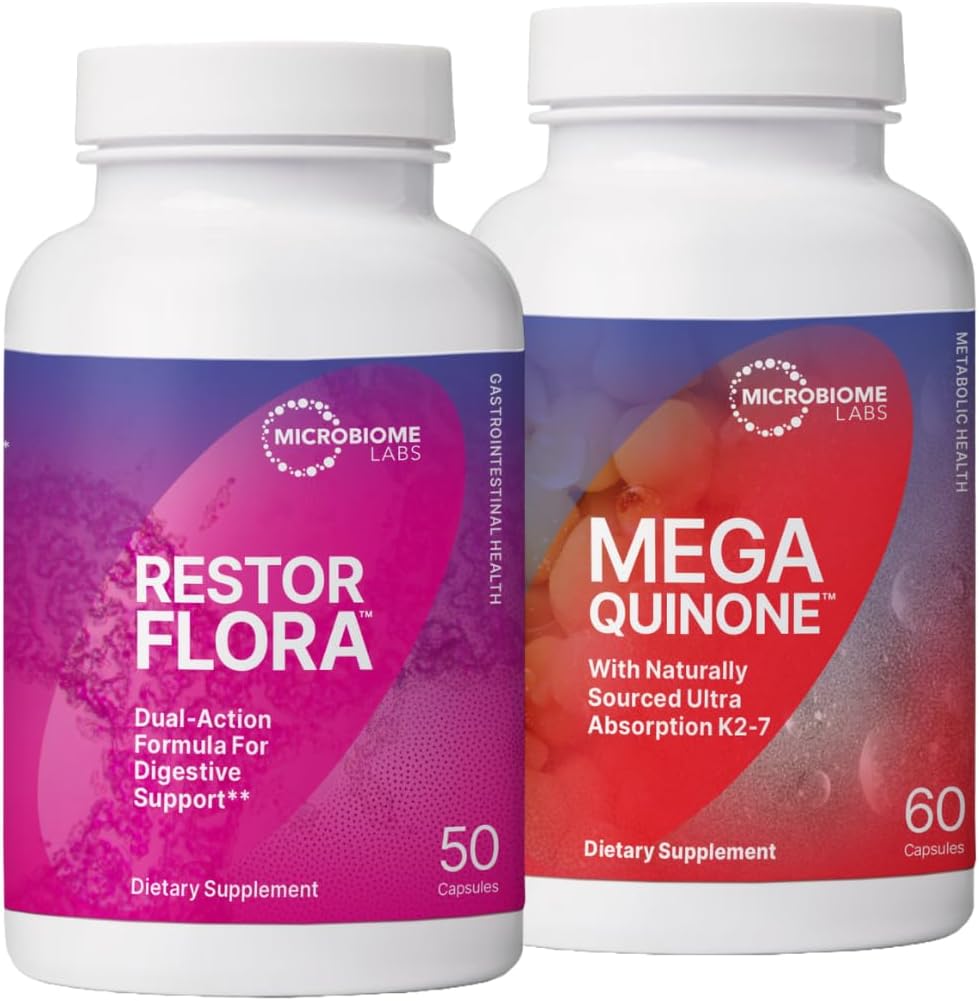 Microbiome Labs RestorFlora Spore & Yeast Probiyotiks Supplement (50 Capsules) + MegaQuinone K2-7 Tamam Vitamin K1 & K2 MK-7 K2 ile Magnezyum & çinko (60 Capsules) - 2 Ürünler