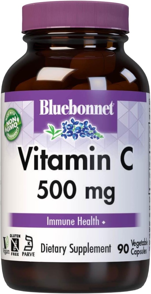 Bluebonnet Beslenme Vitamini C 500 mg Sebze Kapsülleri, Ascorbici, Immune Health & Skin Health, Vegan, Vegetarian, Non GMO, Gluten Free, Soy Free, Milk Free, Kosher, 90 Sebze Capsules
