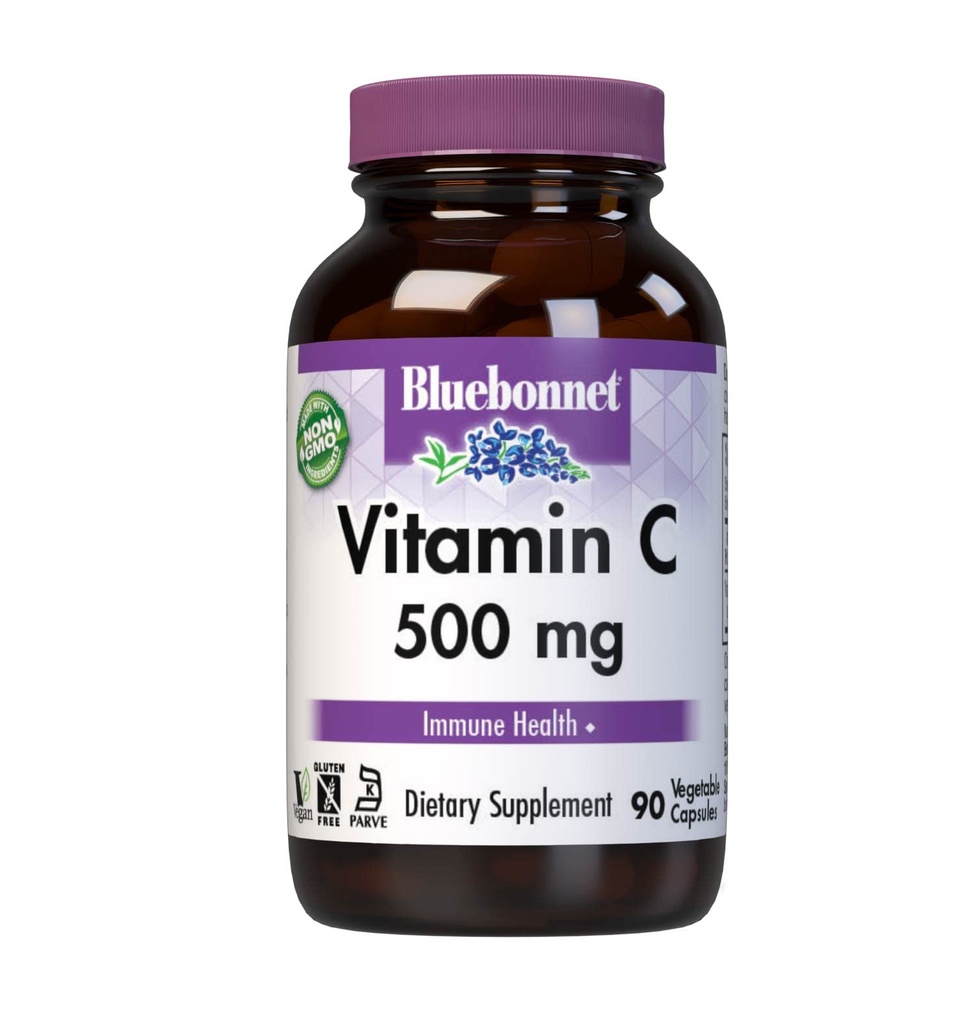 Bluebonnet Beslenme Vitamini C 500 mg Sebze Kapsülleri, Ascorbici, Immune Health & Skin Health, Vegan, Vegetarian, Non GMO, Gluten Free, Soy Free, Milk Free, Kosher, 90 Sebze Capsules