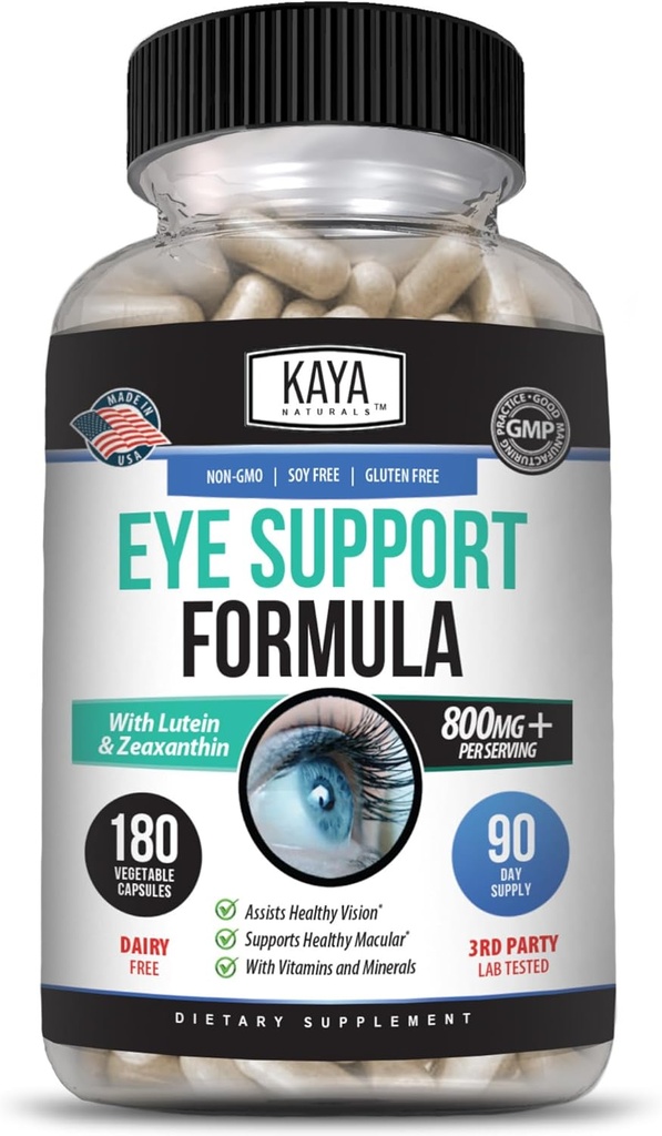Kaya Naturals Eye Health Supplement - Lutein & Zeaxanthin - Destekler Eye Strain, Kuru Gözler ve Vizyon Sağlık - 800 mg Vitamin Tamam - 180 Sayı