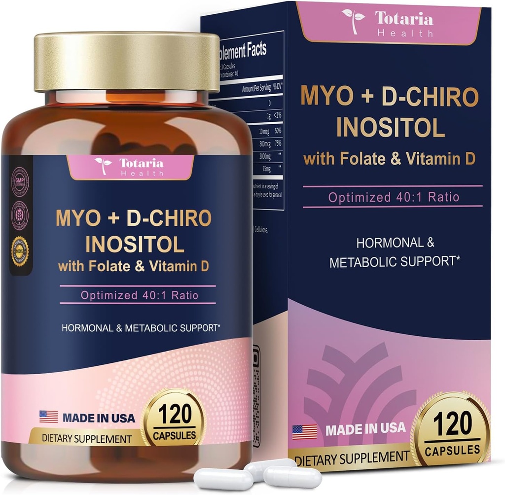Totaria Inositol Supplement - 3075 mg Myo-Inositol & D-Chiro Inositol Capules Plus Vitamin D3, Folate, Ideal 40:1 - Kadınlar ve Ovarian için Hormonal Denge * Destek | Vegan, Non GMO - 120 Caps