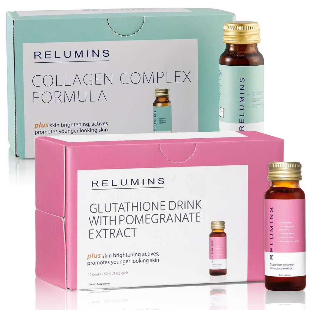 Relumins Advance Rejuvenating Collagen Beauty Drink – Apple Flavor & Beauty Glutathione Drink – Pomegranate Flavor | Yenileme, Nutrient-Rich Formula için