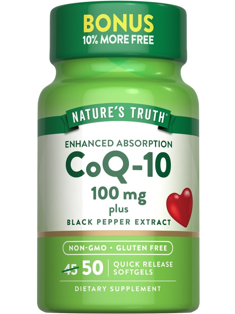 Nature's Truth CoQ10 100 mg | 50 Softgels | Plus Black Pepper Extract | Non-GMO ve Gluten Free Supplement Supplement