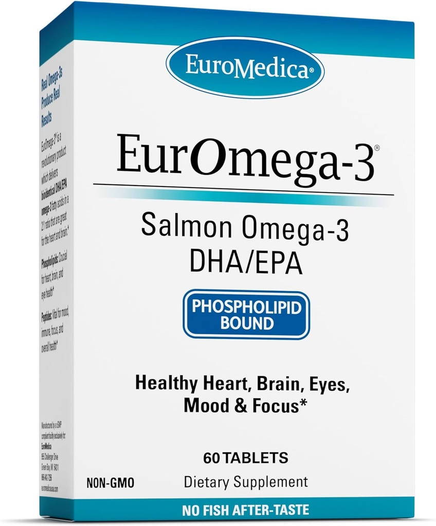 EuroMedica EurOmega-3 - EPA & DHA ile Diyetsel Tamam - Beyin ve Kalp Sağlığı Desteği için Omega-3 Tabletleri - Essential Fatty Acids & Peptides ile Beslenme Tamamı - 60 Tabletler