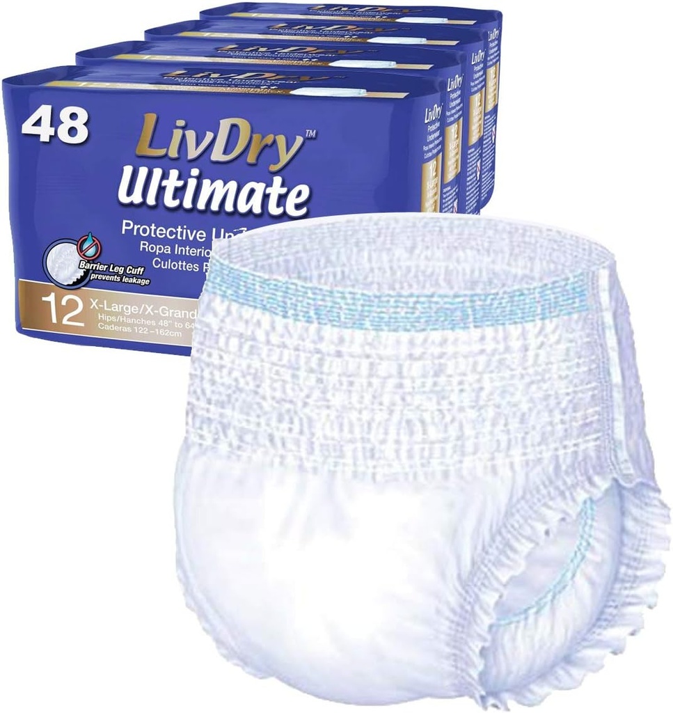 LivDry Ultimate XL Yetişkin Incontinence Underwear, High Absorbency, Leak Cuff Protection, X-Large, 48-Pack