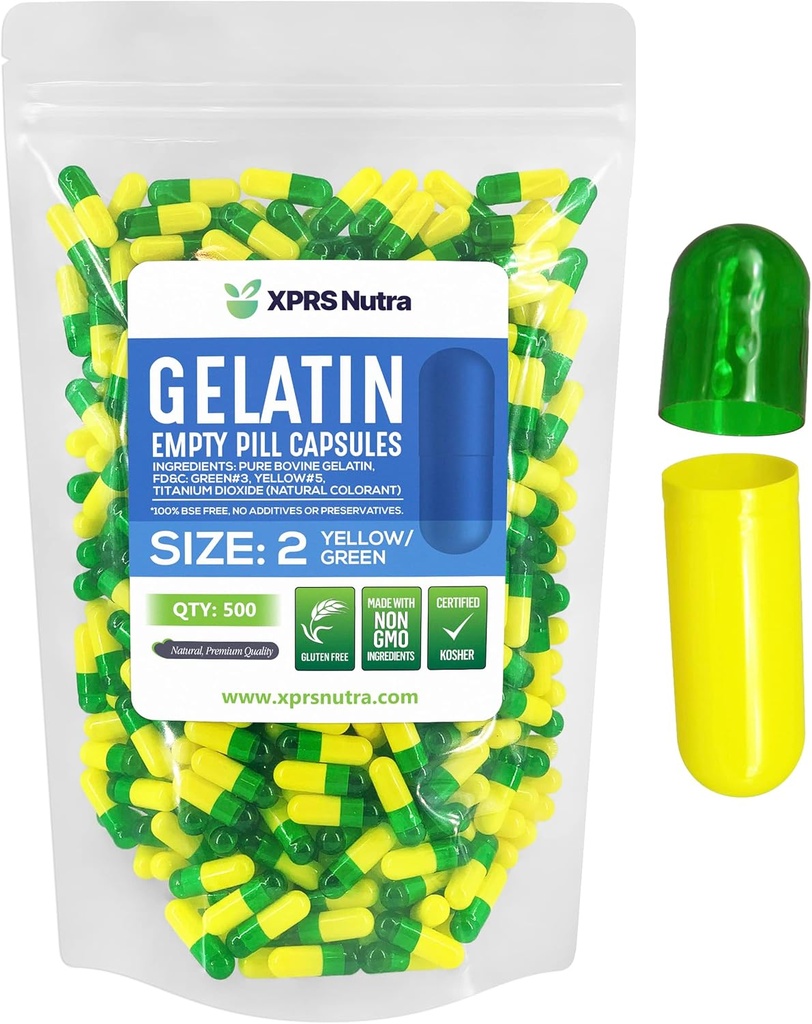 XPRS Nutra Boyutu 2 Boş Kapsüller - 500 Kont Boş Gelatin Capsules - Pills DIY Capsule - Pure Bovine Pill Gel Caps For Do-It- Yourself Supplements (Green/Yellow)