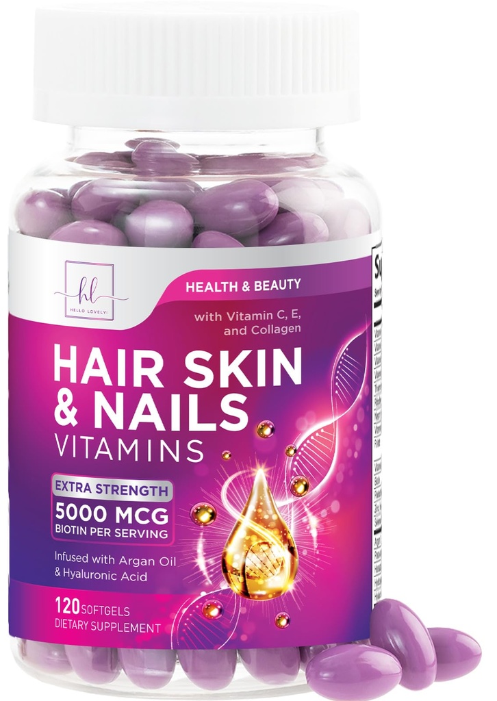 Saç, Skin & Nails for Women - Biotin 5000mcg to Support Hair growth with Argan Oil, Collagen & Hyaluronic Acid, Beautiful, Güçlü Skin, Hair & Nails Supplement - 120 Softgels