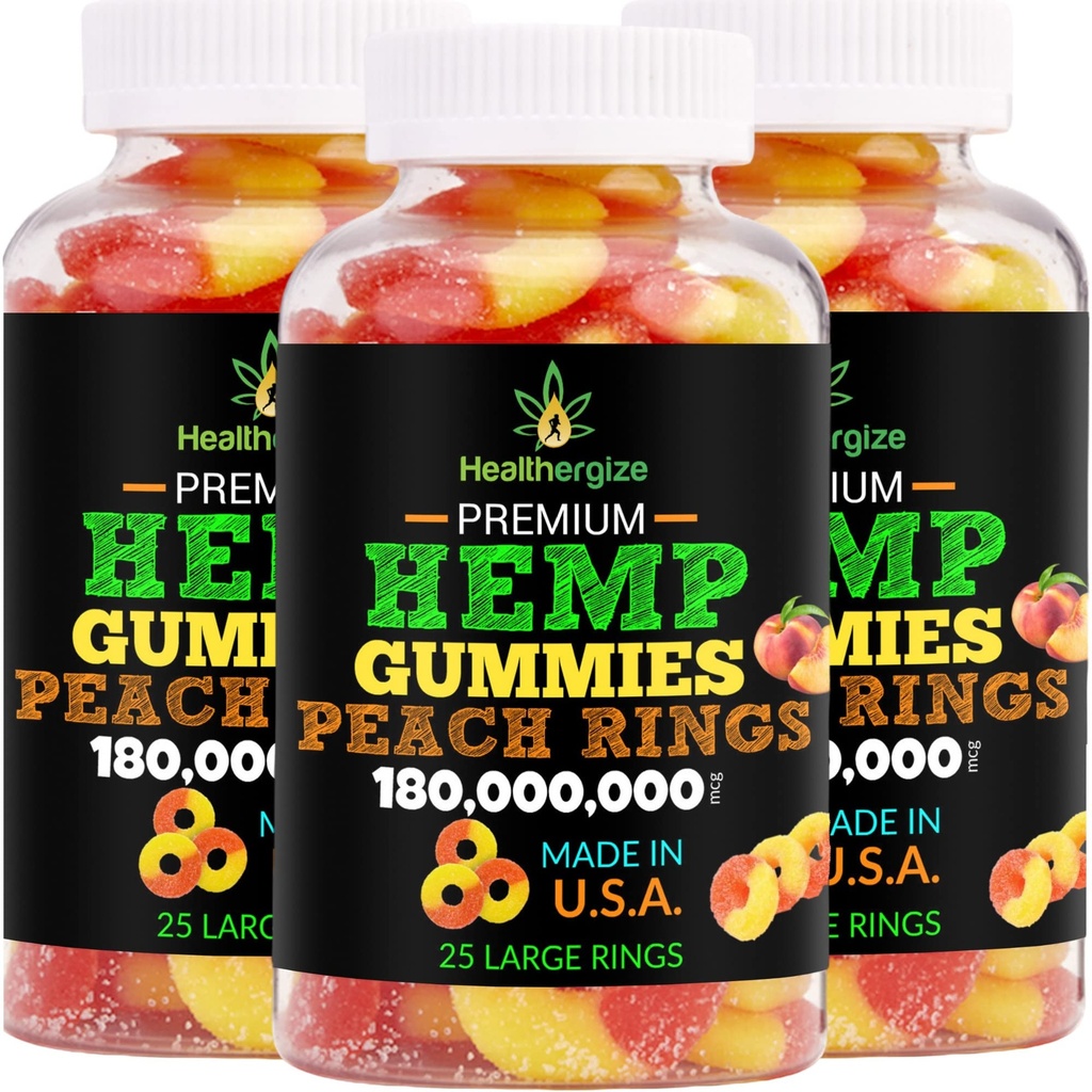 3PACK Hemp Gummies Hemp Oil Fresh Peach Rings Hemp Gummy Candy-for Sleep, Calm, Peace and Chill-Natural Edibles Party-Made in USA