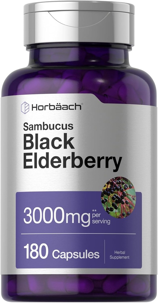 Horbäach Black Elderberry | 3000 mg Capsules | 180 Count | Non-GMO, Gluten Free | Sambucus Ekstraksiyon Tamamlayıcı