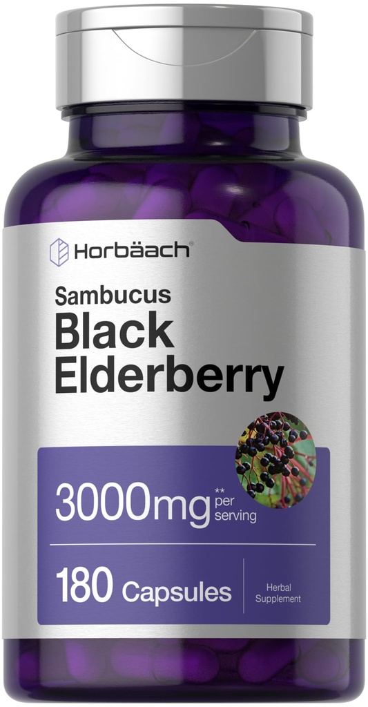Horbäach Black Elderberry | 3000 mg Capsules | 180 Count | Non-GMO, Gluten Free | Sambucus Ekstraksiyon Tamamlayıcı