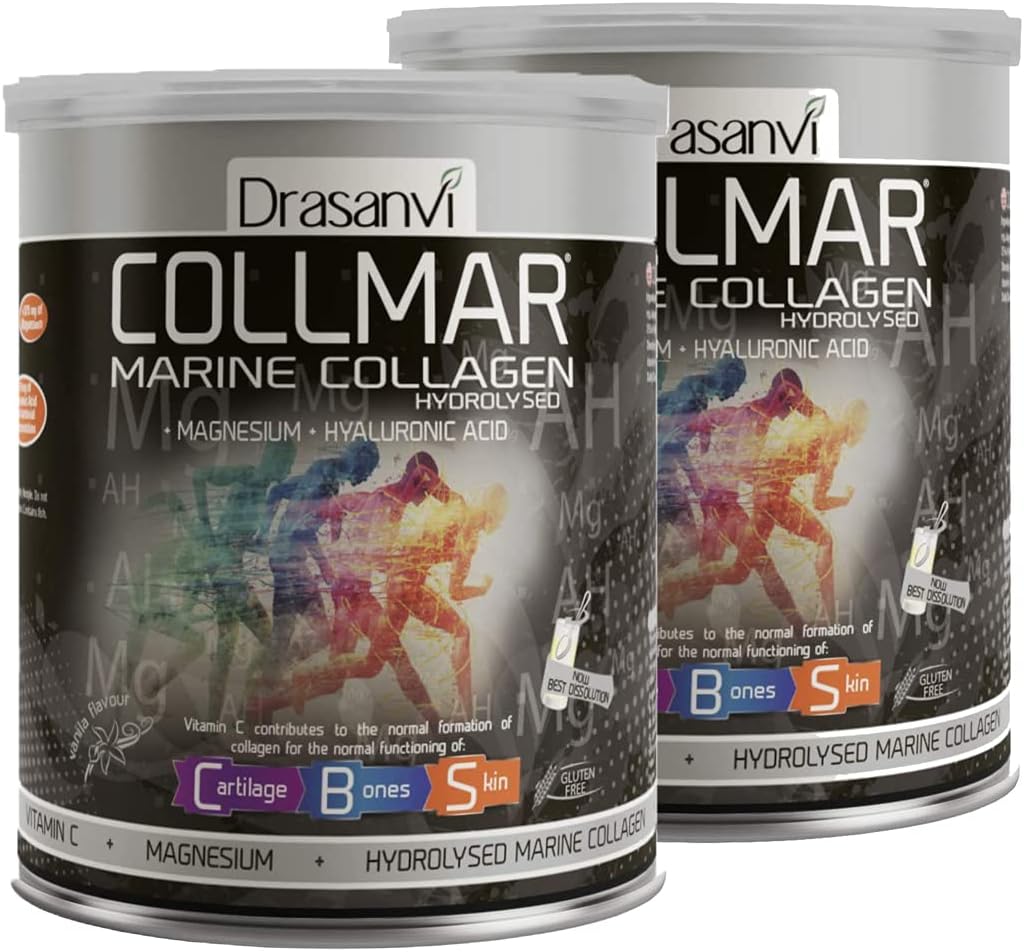 Drasanvi 2 Pack Collmar Hydrolyzed Marine Collagen with Magnesium Powder 300g Vanilla Flavor - Ισπανικά συμπληρώματα για ένα υγιές δέρμα Cartilage και οστά - Βοηθά στην ελαχιστοποίηση της κούρασης και της κόπωσης