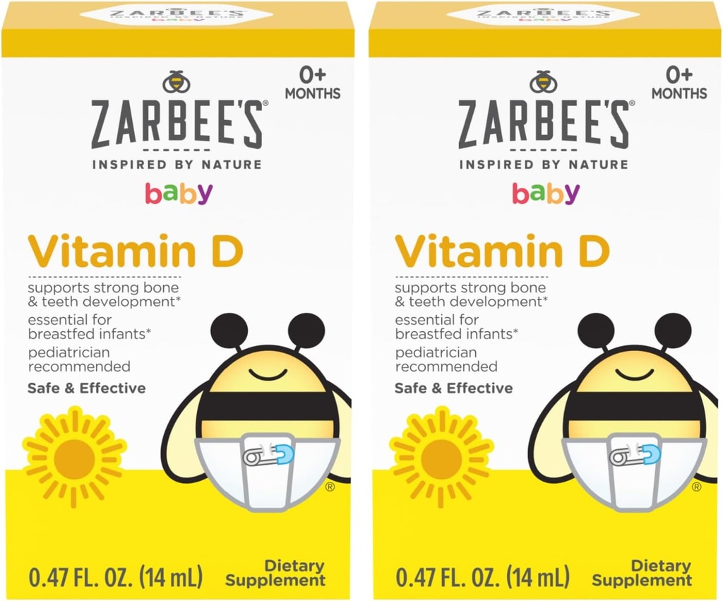 Zarbee's Vitamin D Drops for Infants, 400IU (10mcg) Baby & Toddler Liquid Supplement, Newborn & Up, Dropper Syringe Included, Pack of 2 0.47 Fl Oz Bottles