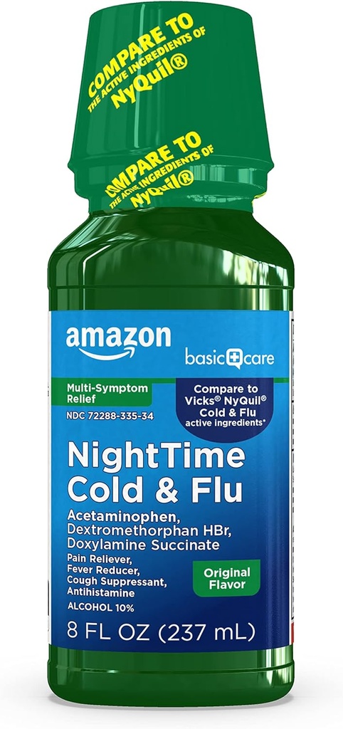 Basic Care Nighttime Cold & Flu Reliever, Pain Reliever, Fever Reducer, Cough Suppressant & Antihistamine Liquid, Original Flavor, 8 fl oz (Pack of 1)