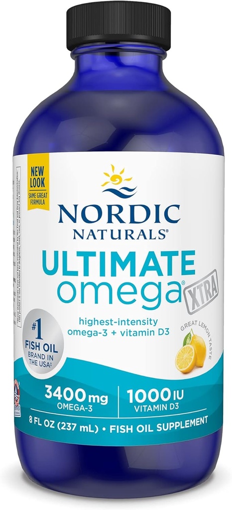 İskandinav Naturals Ultimate Omega Xtra Liquid, Lemon Flavor - 8 oz - 3400 mg Omega-3 + 1000 IU Vitamin D3 - EPA & DHA - Beyin, Kalp, Ortak, ve Immune Health - Non-GMO - 48 Servisler