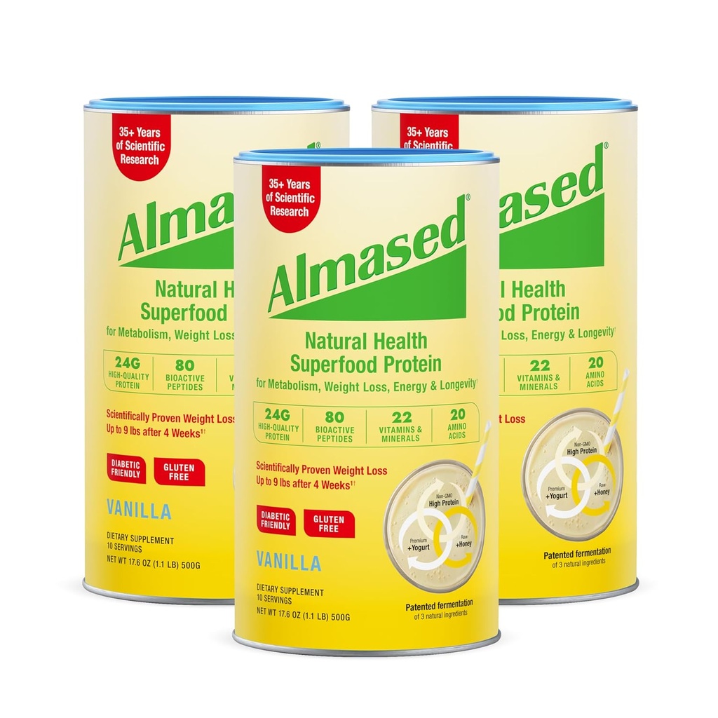 Almased Vanilla Meal Change Shake - Low-Glycemic High Plant Base protein Toz- Beslenmesel Kilo Sağlığı Desteği Tamam - Vanilla Flavor - 17.6 oz (1.1 Pound (3 Pack)