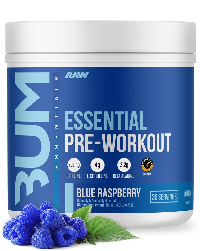 RAW Beslenme - Temel Pre - Chris Bumstead Pre Workout Formula, Spor Beslenme Pre-Workout Tozlar | Erkekler & Kadınlar İçilir, Enerji Tozu Çalışmak (Mavi Raspberry)