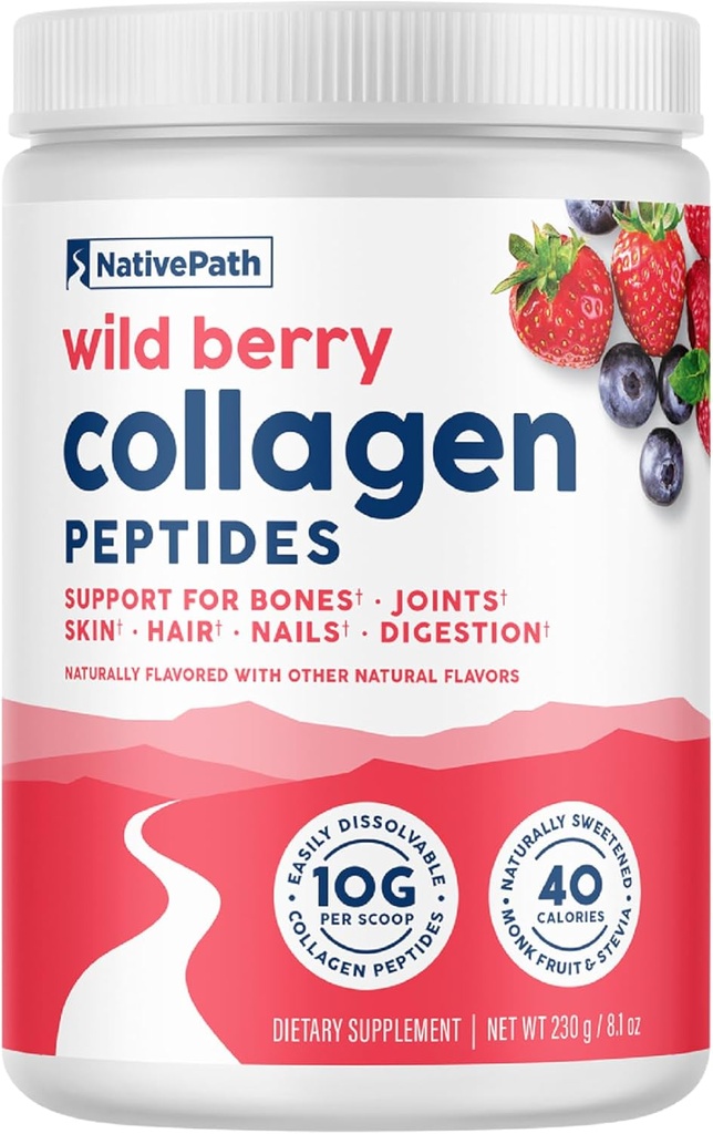 NativePath Collagen Peptides - Υδρολυμένος Τύπος 1 & 3 Collagen. Keto & Paleo Grass-Fed Protein Powder για τα μαλλιά, το δέρμα, τα νύχια, τα οστά, αρθρώσεις, digetion και περισσότερο - Δεν Γλουτένη ή γαλακτοκομικά (Άγριο μούρο, 230g)