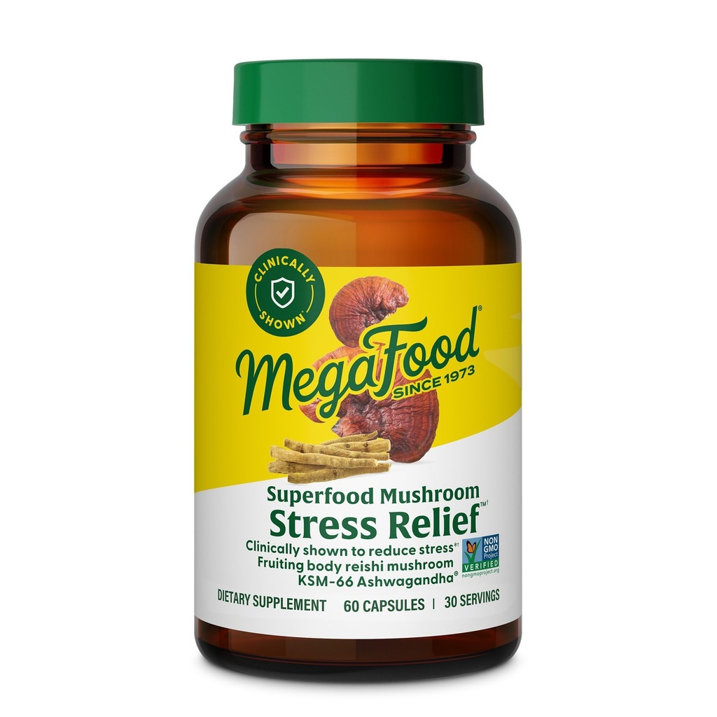 MegaFood Superfood Mushroom Stres Yardımı - Reishi Mushroom Supplement Klinik Olarak Stresi Azalttı - Doktor Ashwagandha KSM 66 - Vegan, Gluten-Free - 60 Capsules, 30 Hizmetler