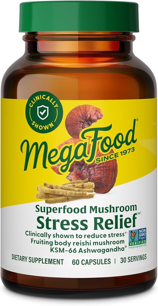 MegaFood Superfood Mushroom Stress Relief - Reishi Mushroom Supplement Clinically Studied to Reduce Stress - Doctor Formulated with Ashwagandha KSM 66 - Vegan, Gluten-Free - 60 Capsules, 30 Servings
