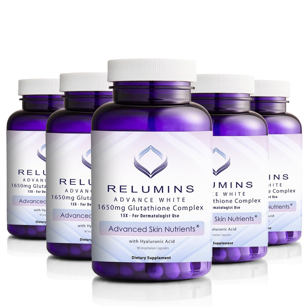 Relumins L-Glutathione Kompleksi 1650 mg - Alfa Lipoic Acid, NAC, L-Methionine, Vitamin E, Skin Health Supplement, ABD'de Yapıldı - 90 Vegetarian Capsules x 5 Şişes