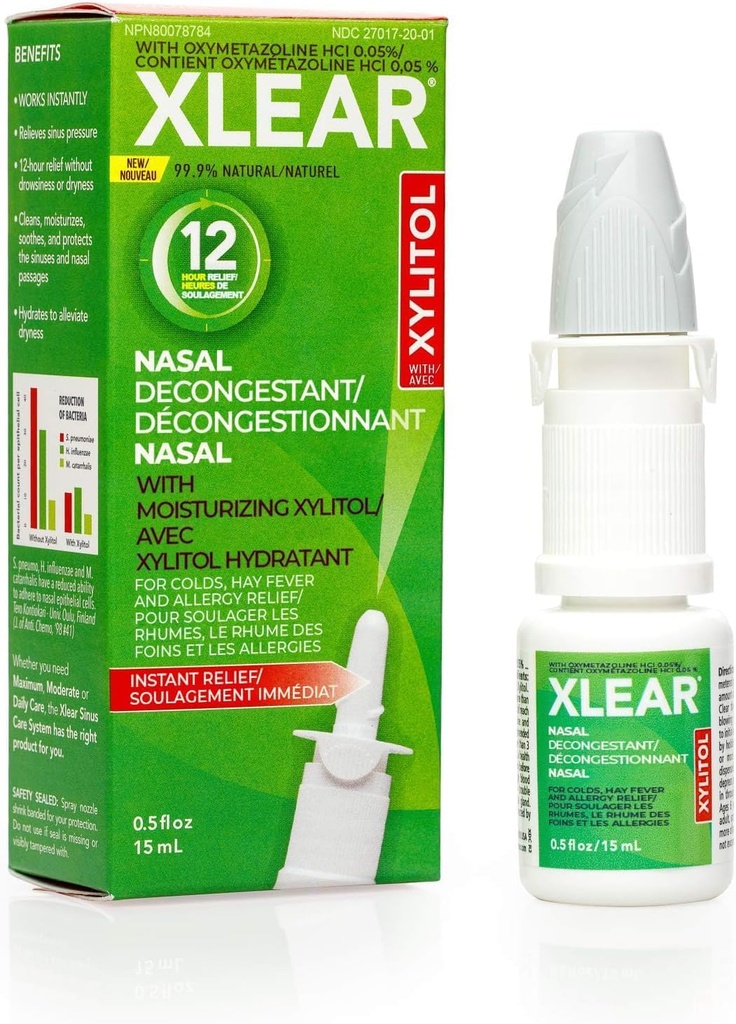 Xlear 12 Saat Nasal Decongestant Spray, Natural Saline Nasal Spray with Xylitol and Oxymetazoline, Instant Sinus Baskı ve Congestion Relief for Kids and Yetişkinler 0,5 fl oz (Pazar 1)