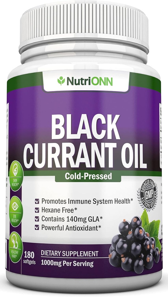 Black Currant Oil - 1000 Mg - 180 Softgels - Cold-Pressed Pure Black Currant Seed Oil - Hexane Free - 140 mg GLA Per Servis - Hormonal Denge - Immune System, Saç ve Skin