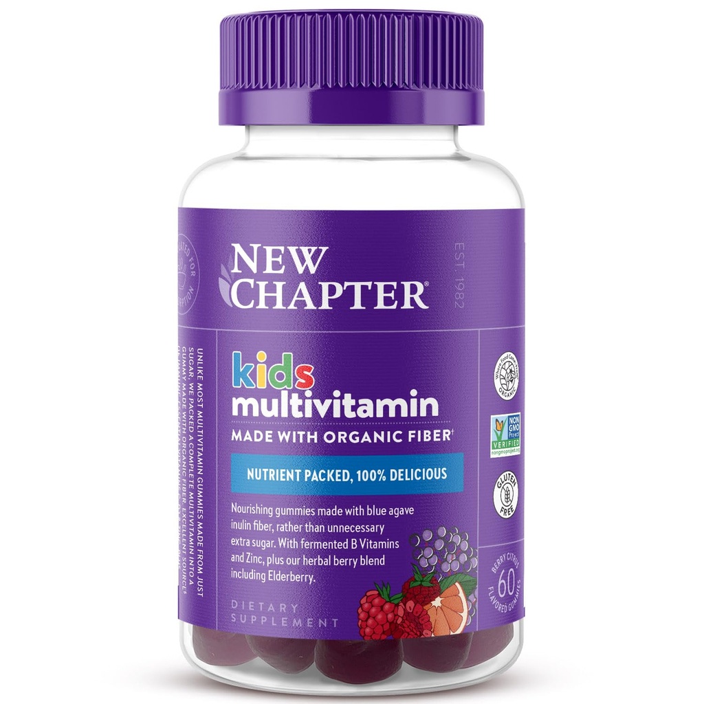 New Chapter Kids Multivitamin Gummies - 65% Λιγότερο Ζάχαρη, Παιδικές Gummy Βιταμίνες με Βιταμίνες C, D3 & Ψευδάργυρο, Μη ΓΤΟ, Χωρίς Γλουτένη, Berry-Citrus, 60ct