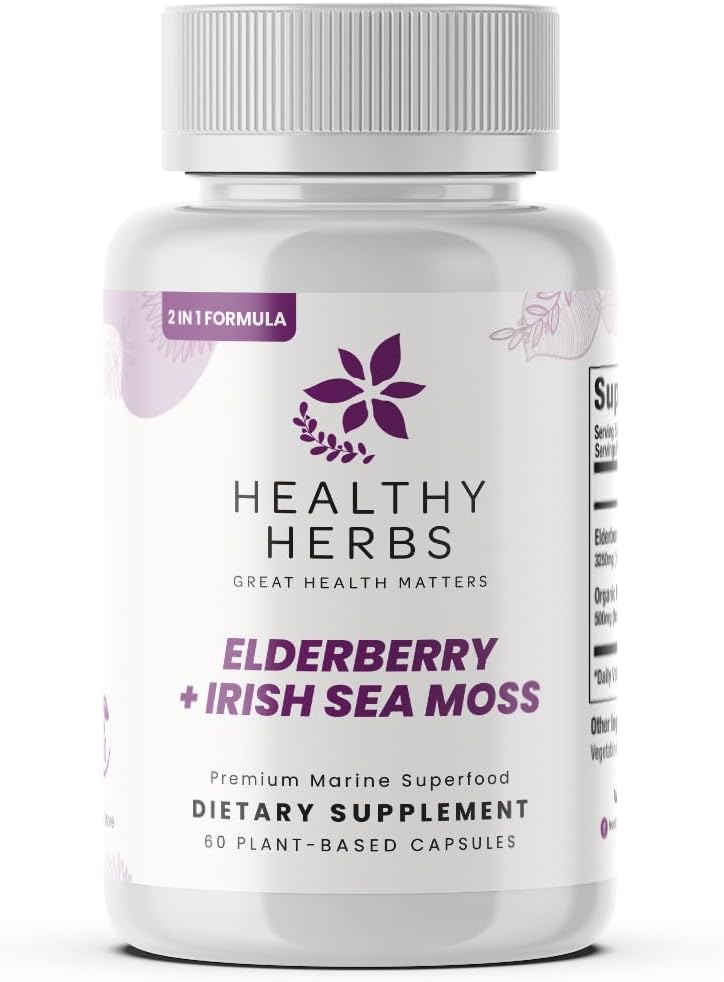 Sağlıklı Herbs Wildcrafted Elderberry Sea Moss Capsules | 2600 mg Irish Sea Moss + Elderberry Essentials Mix | US-Made, Vegan, Non-GMO, Easy-Swallow (60 Capsules)